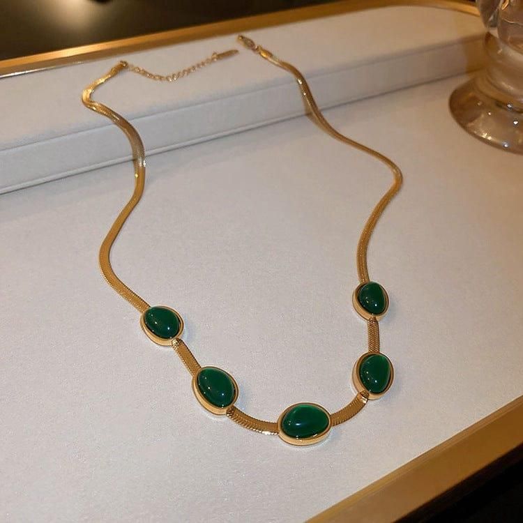Oval Green Crystal Pendant Necklace Set with Bracelet (Gold Plated)