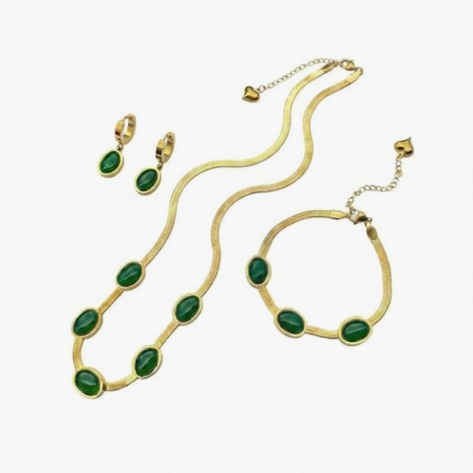 Oval Green Crystal Pendant Necklace Set with Bracelet (Gold Plated)