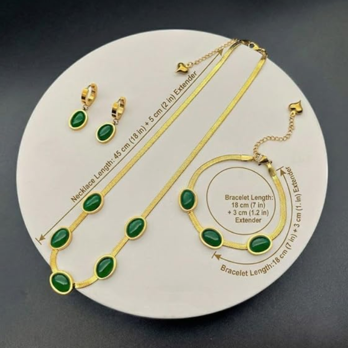 Oval Green Crystal Pendant Necklace Set with Bracelet (Gold Plated)