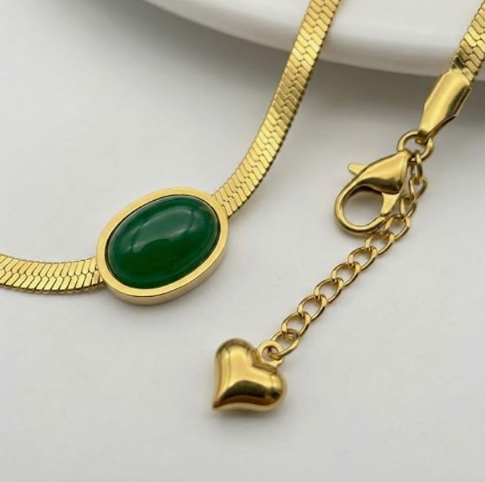 Oval Green Crystal Pendant Necklace Set with Bracelet (Gold Plated)