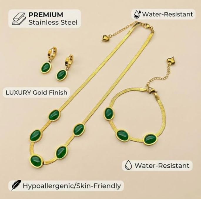 Oval Green Crystal Pendant Necklace Set with Bracelet (Gold Plated)
